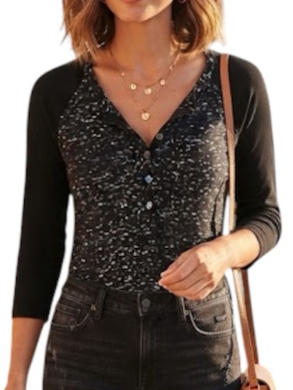 EXPRESS Confetti Marble Raglan Top Adjustable Sleeves Quiet Luxury Black XS